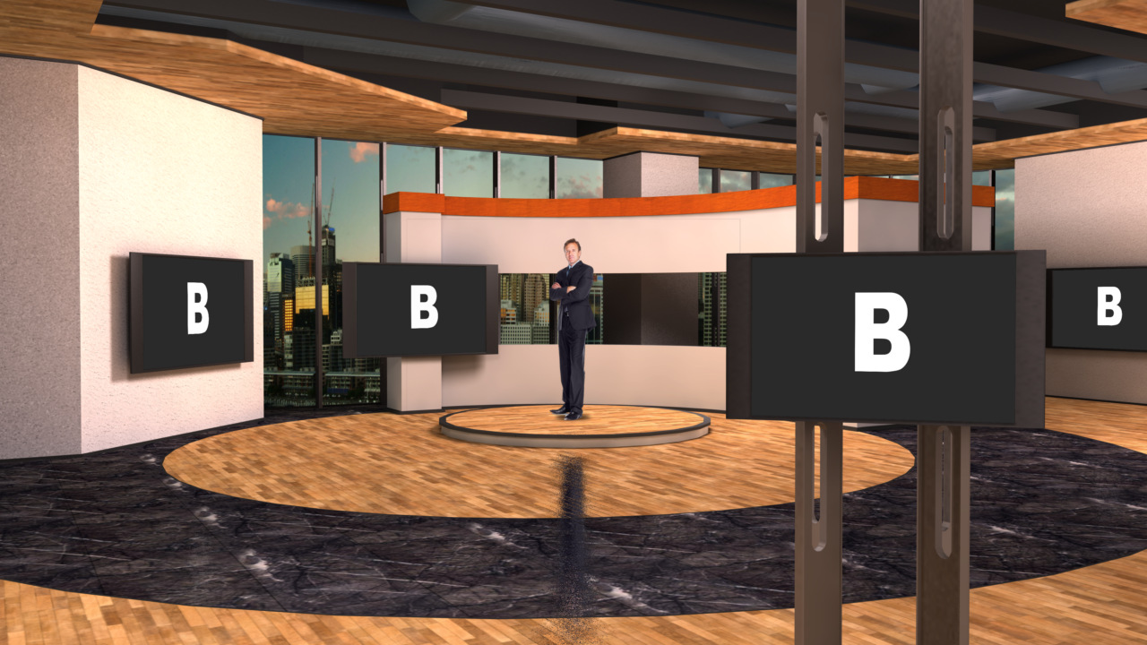 Virtual Set Studio 185 for 4K is a light open modern space with numerous screens to add your own content.