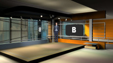 Virtual Set Studio 115 for 4K is an office with screen overlooking buildings.