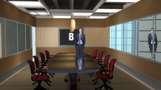 Virtual Set Studio 128 for 4K is a conference room with a view of buildings.