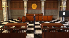 Virtual Set Studio 160 for 4K is a courtroom with jury stand, witness stand, judge's bench and space for prosecution and defendant.