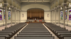 Virtual Set Studio 175 for 4K is a church with a pipe organ and stained glass windows.