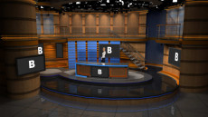 Virtual Set Studio 181 for 4K is a news desk with stairs and side areas.