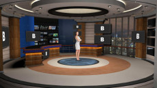 Virtual Set Studio 190 for 4K is a virtual news studio with a control room, optional desk, and configurable monitors.