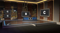 Virtual Set Studio 197 for 4K is a news desk with replacable skyline and optional monitors and desk.