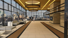 Virtual Set Studio 200 for 4K is a warm lobby with skyline and optional furniture and screens.