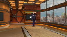 Virtual Set Studio 203 for 4K is a warm stage with a skyline and dais.